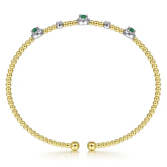 14K White-Yellow Gold Bujukan Bead Cuff Bracelet with Emerald and Diamond Halo Stations