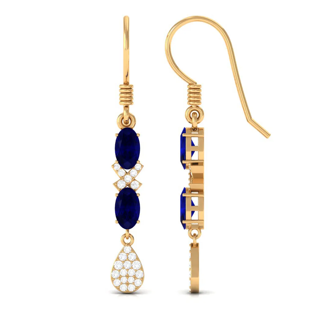 2 CT Oval Cut Blue Sapphire and Diamond Dangle Earrings