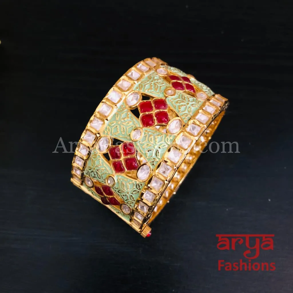2.4,2.6 size Mint Green Meenakari Kundan Openable Bracelet with Red Stones
