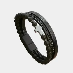 3 Layer Cross Leather Bracelet - Cross & Crown
