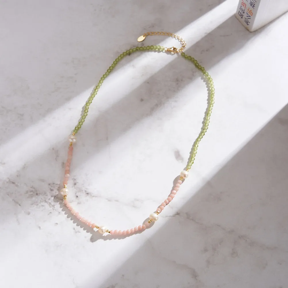 925 Silver Peridot Pink Opal Pearl Necklace