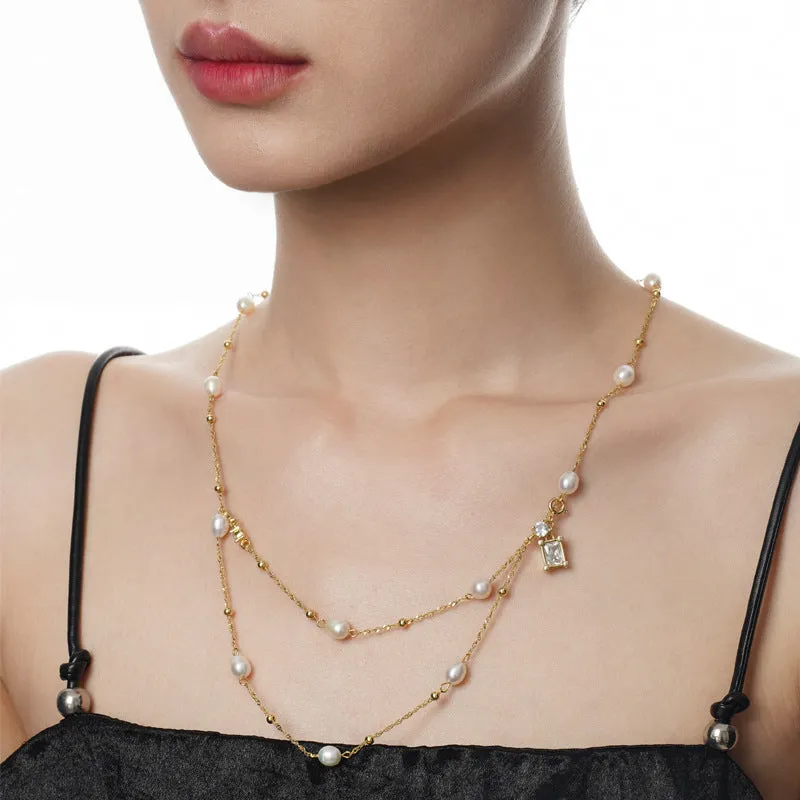 925 Silver Square Pendant Pearl Necklace