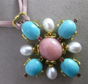 ANTIQUE EXTRA LARGE .24CT RUBY & MULTI GEM 18K YELLOW GOLD FLOWER HEART NECKLACE