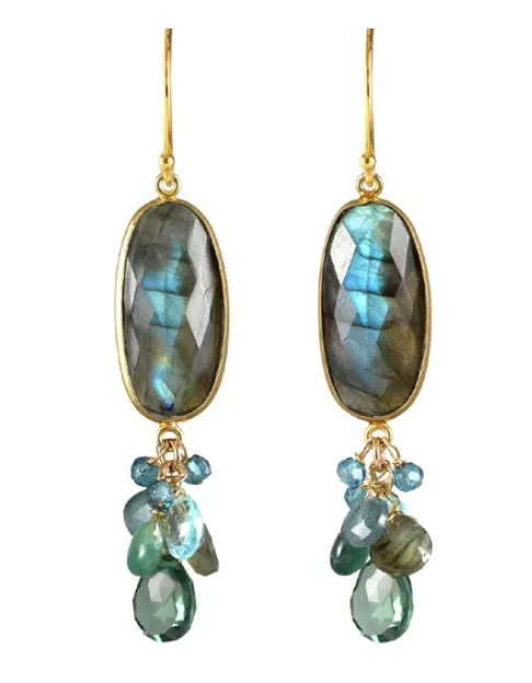 AVF Gold Bezel Oval Labradorite, Quartz, Blue Topaz, Moss Aqua & Tanzanite Earrings (SI6759)