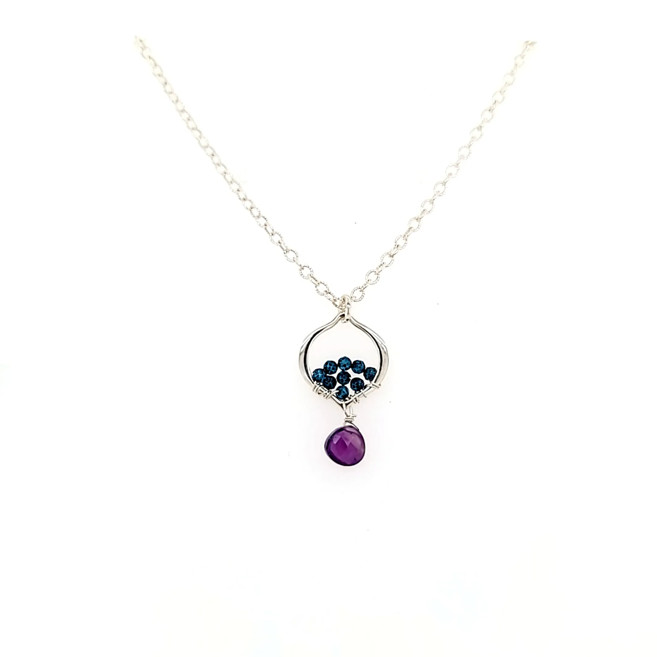AVF Silver Petite Moroccan Inspired Beaded Blue Quartz & Amethyst Drop Necklace (SI3609)