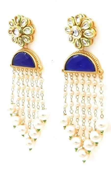 Beautiful and handcrafted blue earrings adorned with intricate Kundan detailing