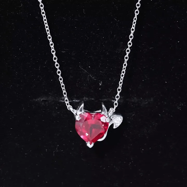 Created Ruby Devil Heart Necklace with Moissanite