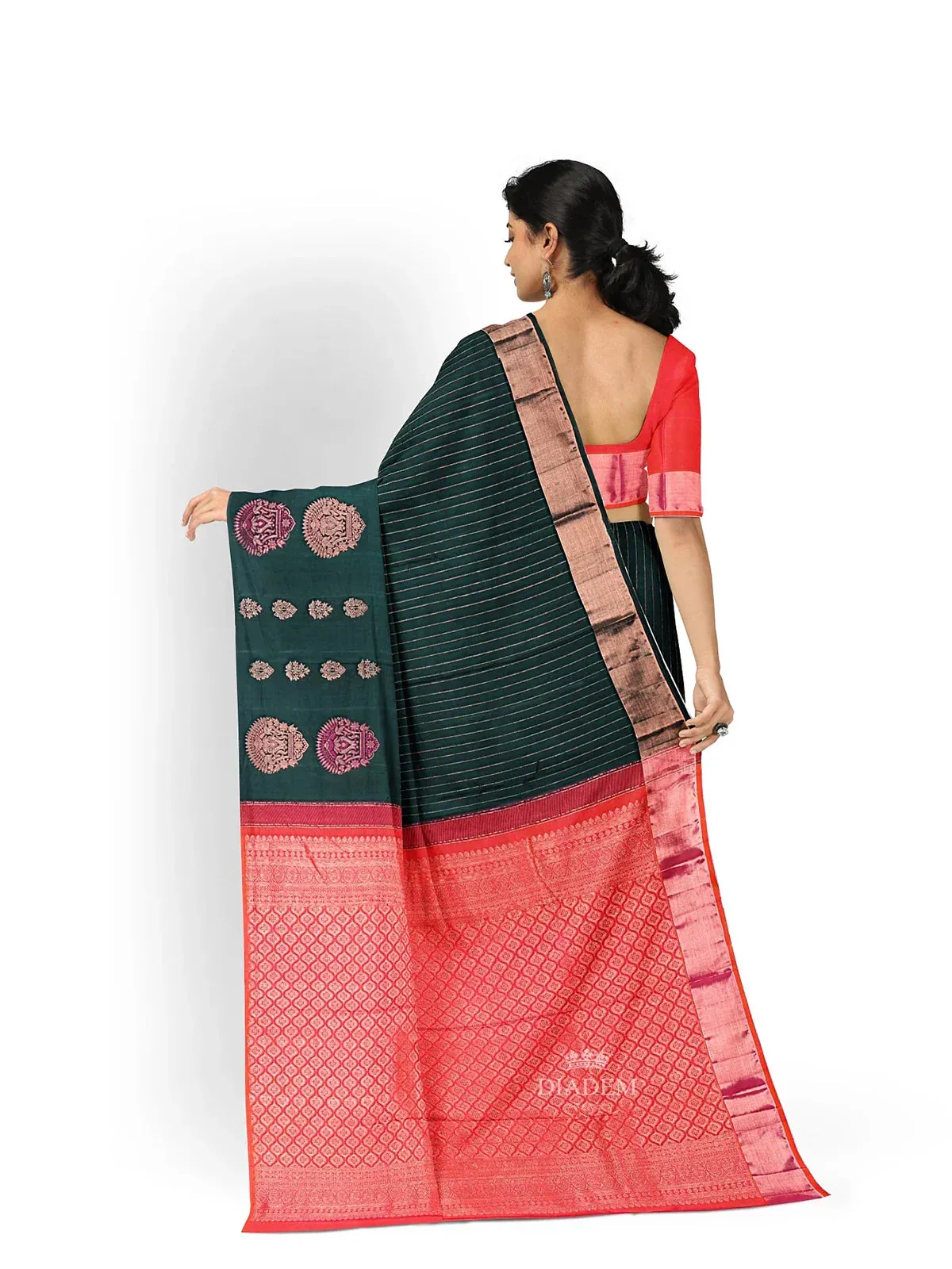 Dark Green Pure Kanchipuram Silk Saree with Stripes Design Body and without Border