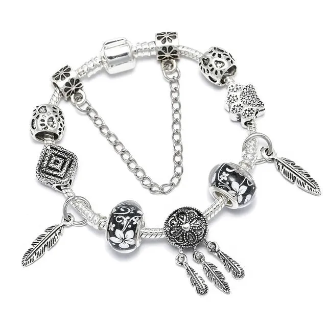 Fashion Bear Palm Dreamcatcher Feather Charm Bracelets For Women Men Original Crystal Flowers LOVE Beaded Bangle Gift