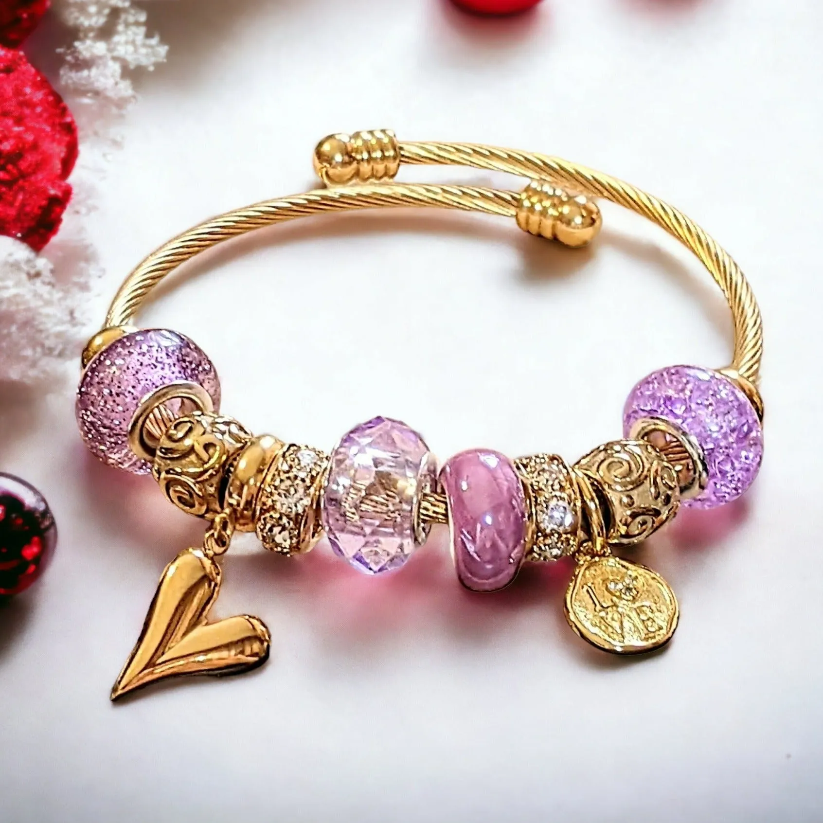 Gold Romantic Heart Euro Cuff Wrap Bracelet
