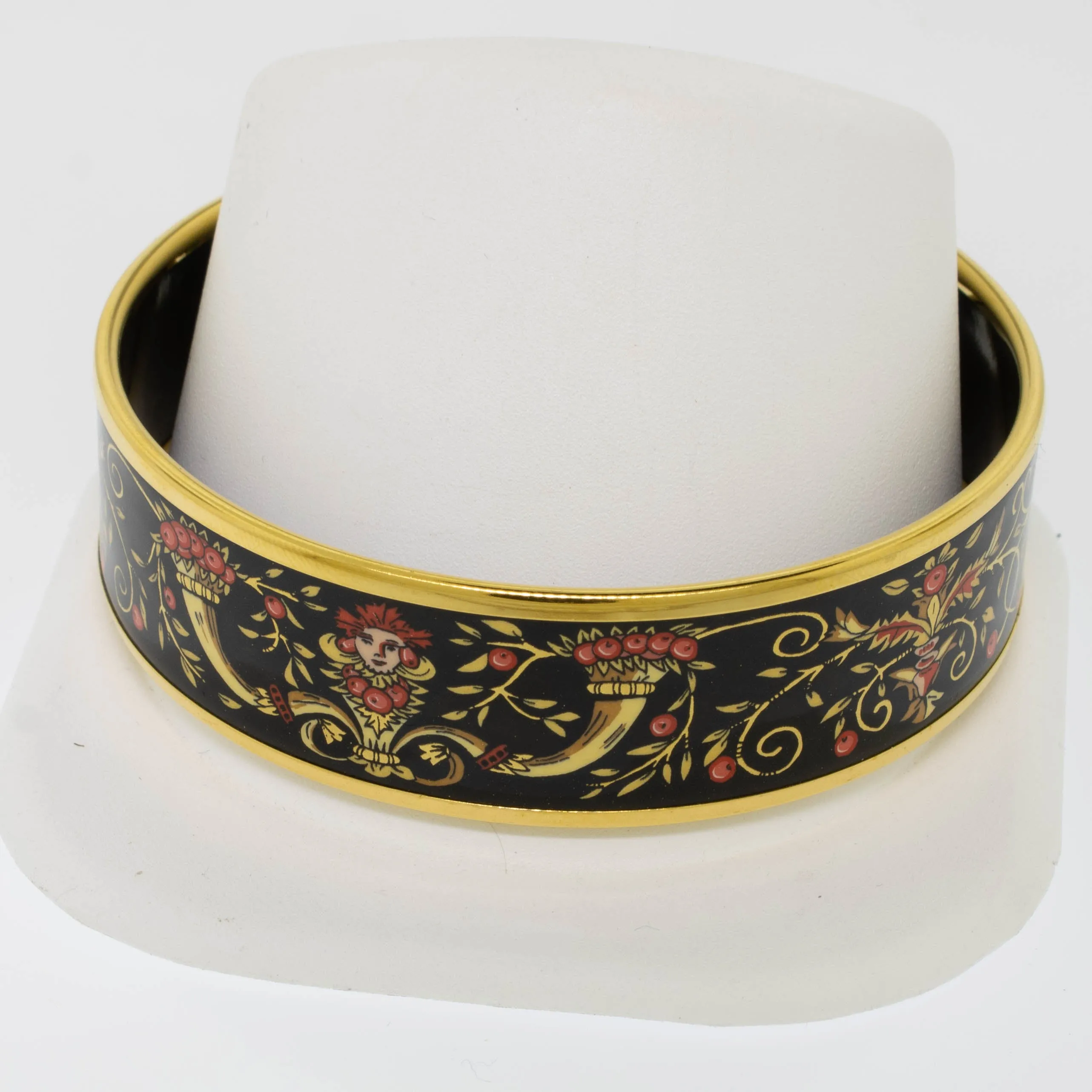 Hermes 8" Enamel Bangle Bracelet Gold-Plated Black Background Preowned Jewelry