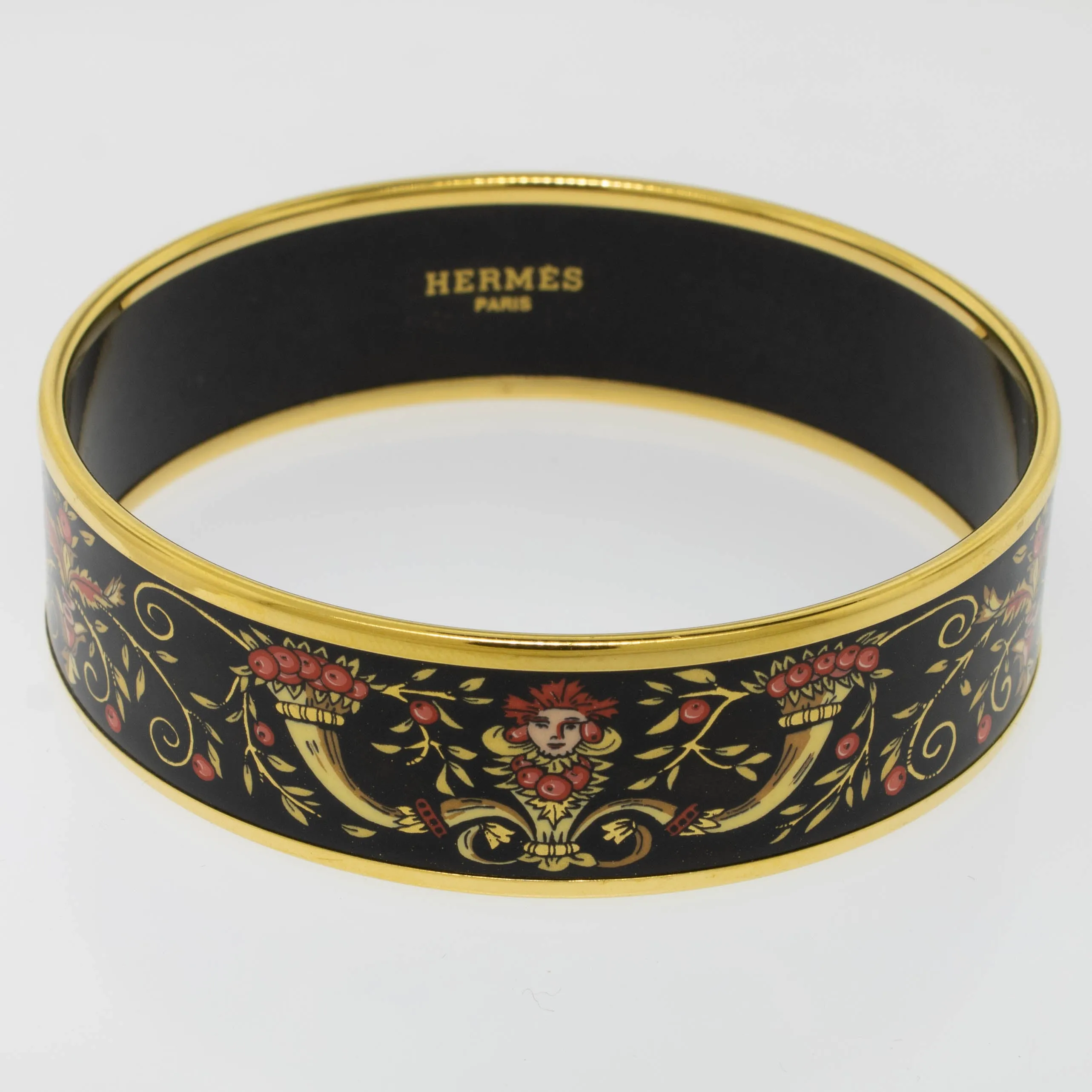 Hermes 8" Enamel Bangle Bracelet Gold-Plated Black Background Preowned Jewelry