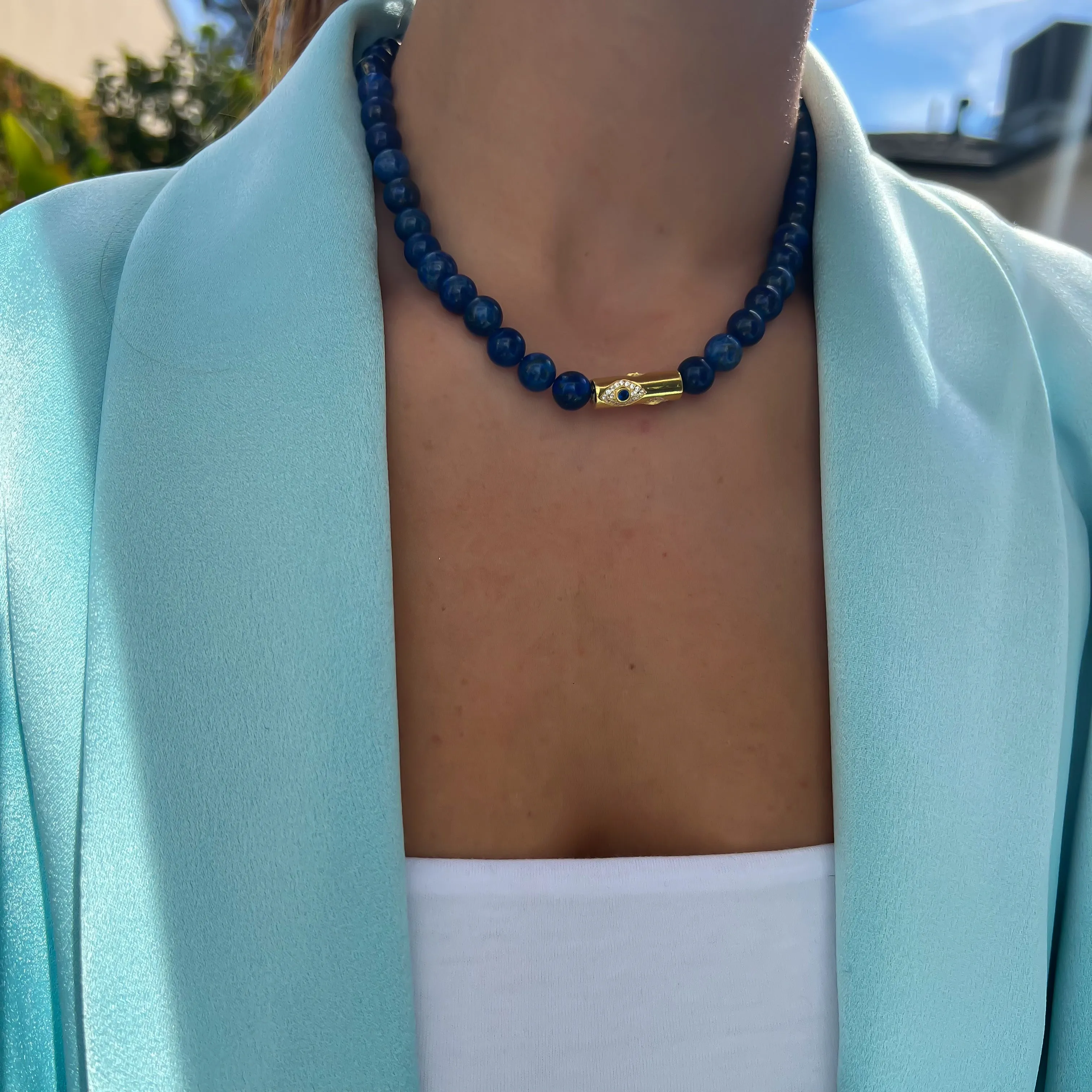 Lapis beaded gold rod eye necklace