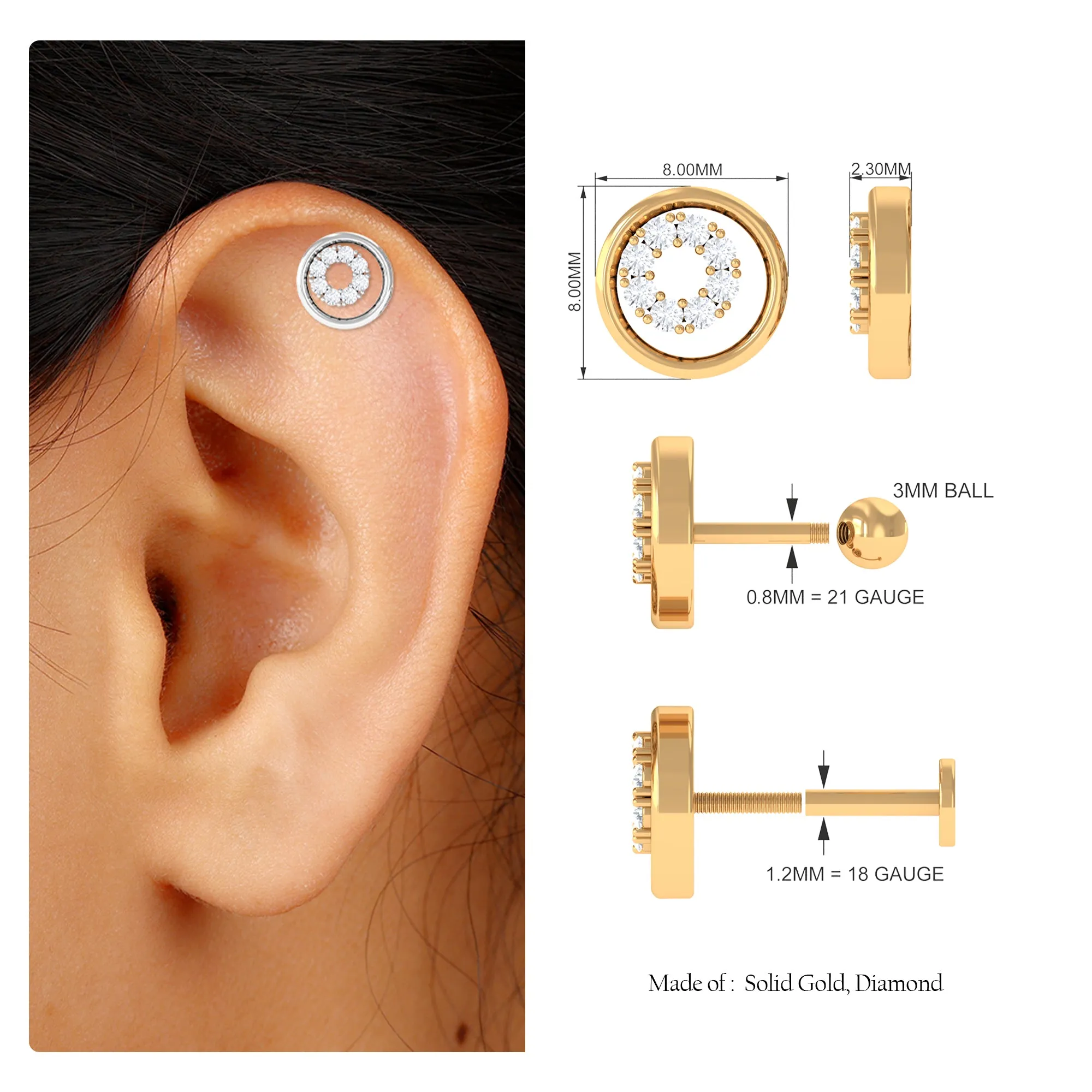 Moissanite Open Circle Earring for Helix Piercing