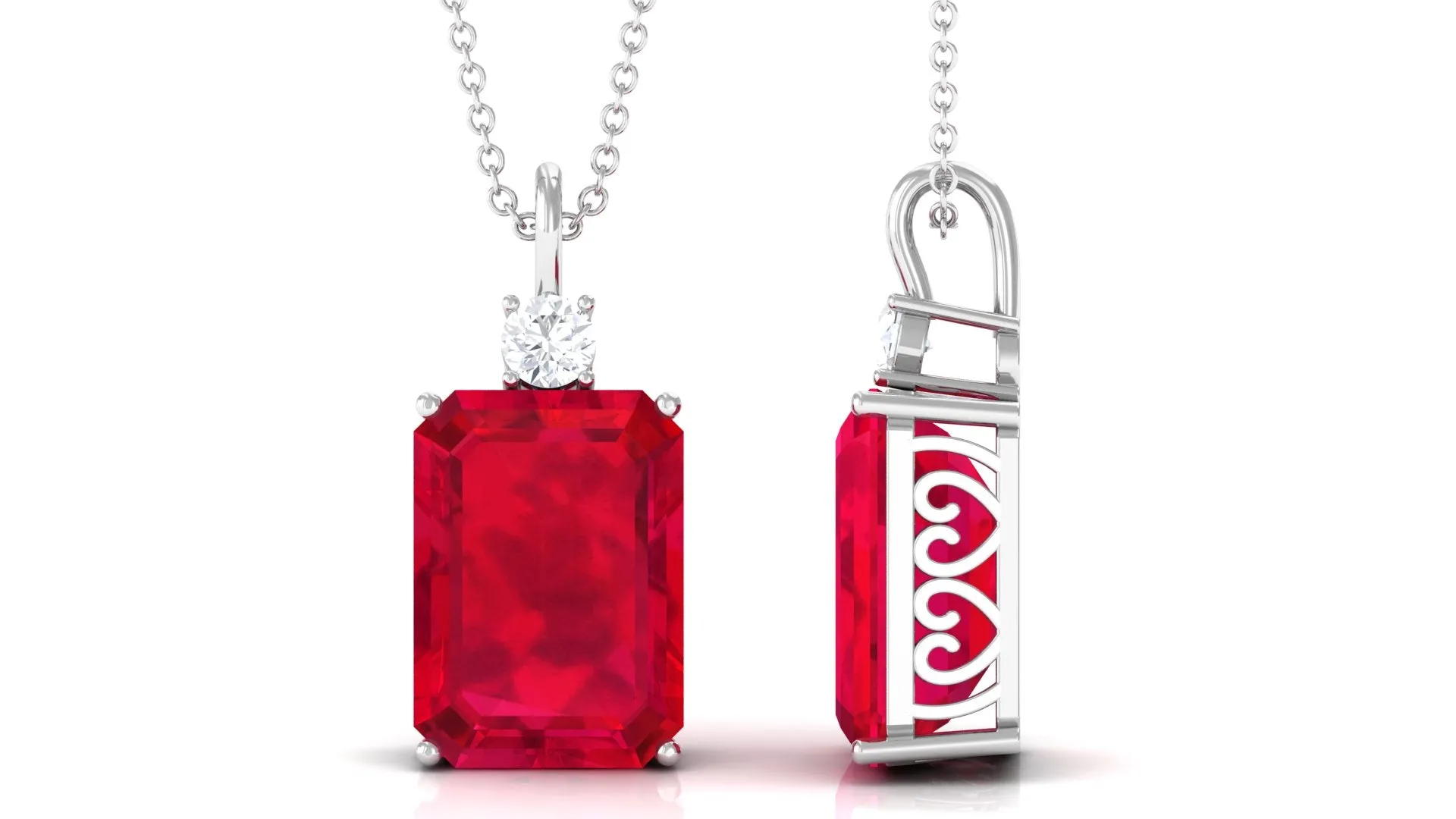 Octagon Cut Created Ruby Solitaire Pendant with Moissanite