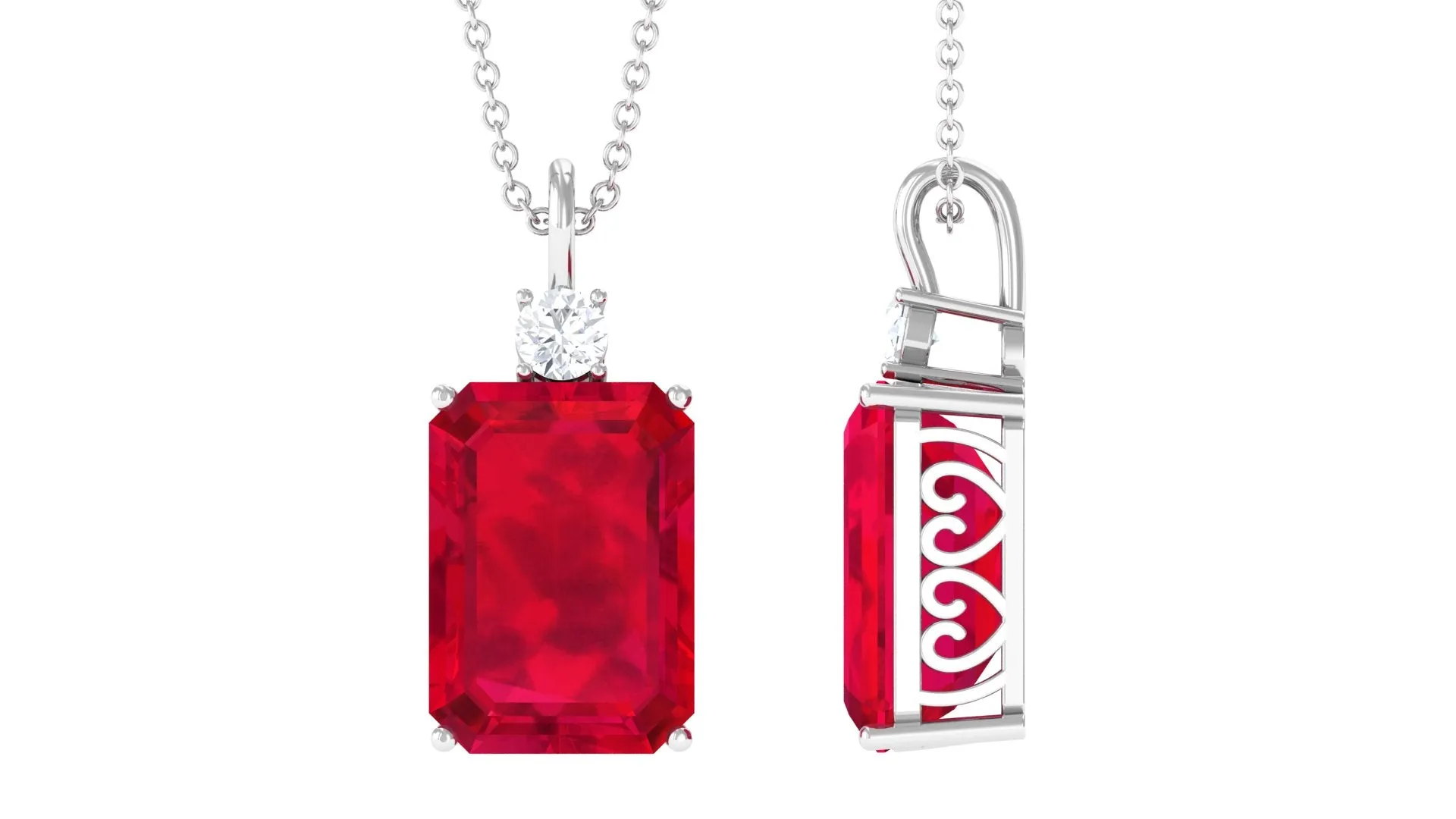 Octagon Cut Created Ruby Solitaire Pendant with Moissanite