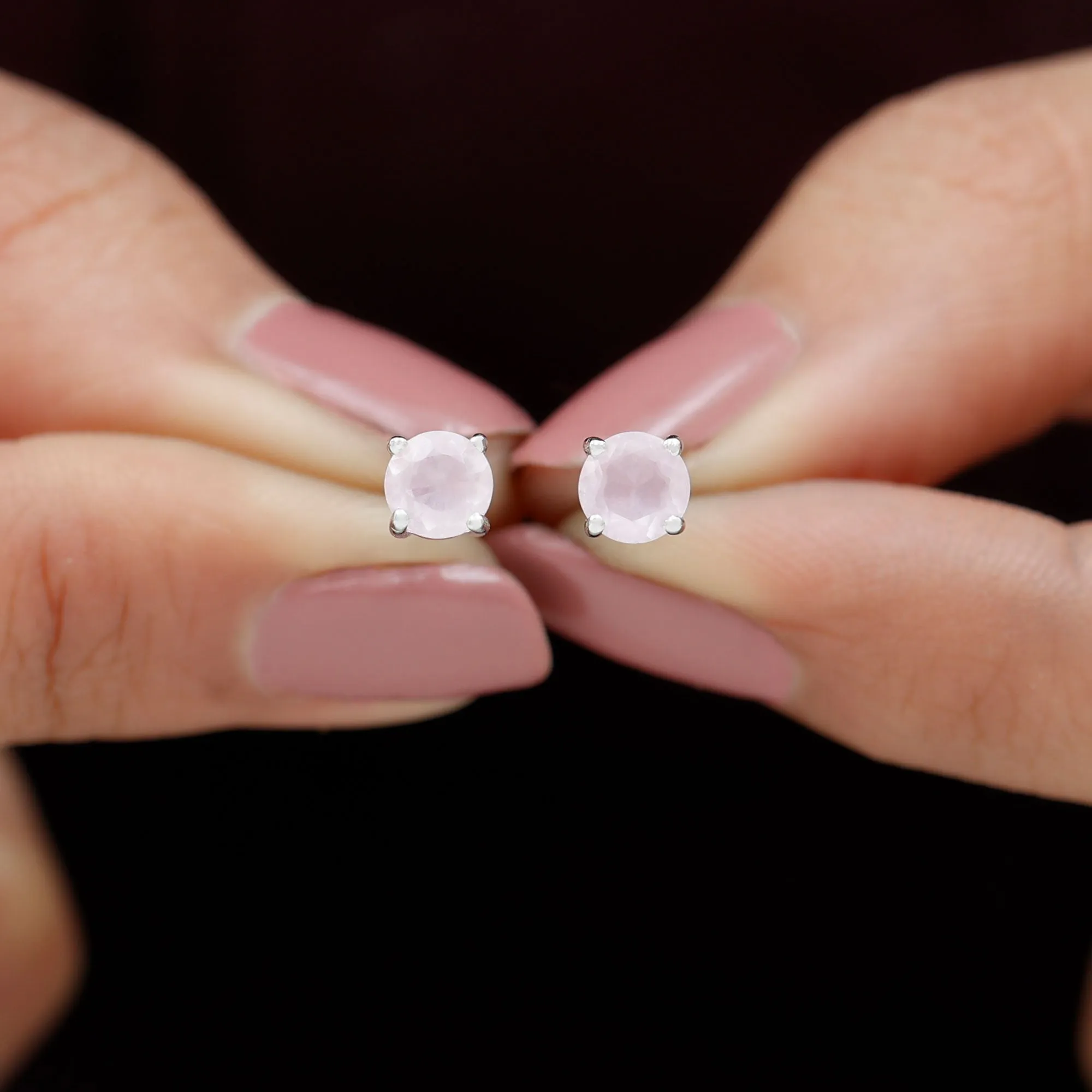 Rose Quartz Solitaire Stud Earrings in 4 Prong Setting