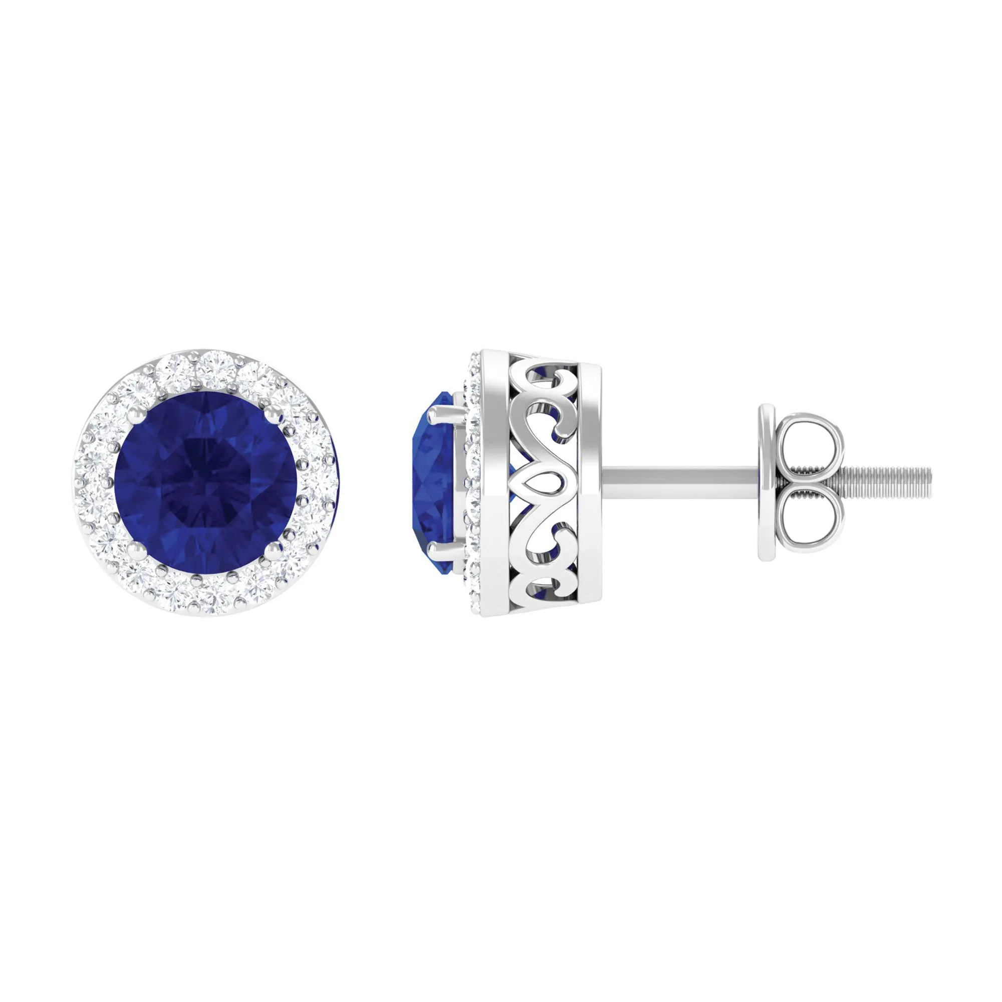 Round Created Blue Sapphire Halo Stud Earrings with Moissanite