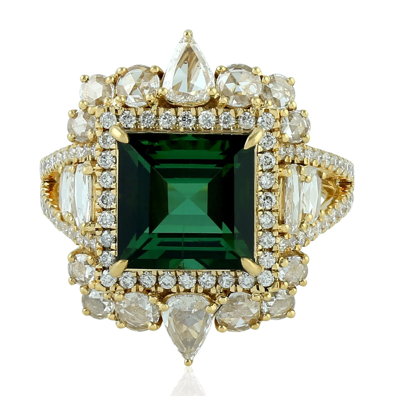 Tourmaline Cocktail Ring 18k Yellow Gold Diamond Handmade Jewelry