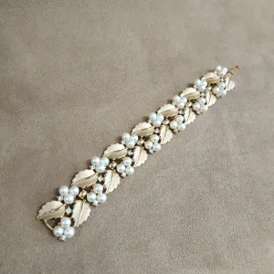 Trifari Pearl Bracelet  with Golden Leaves