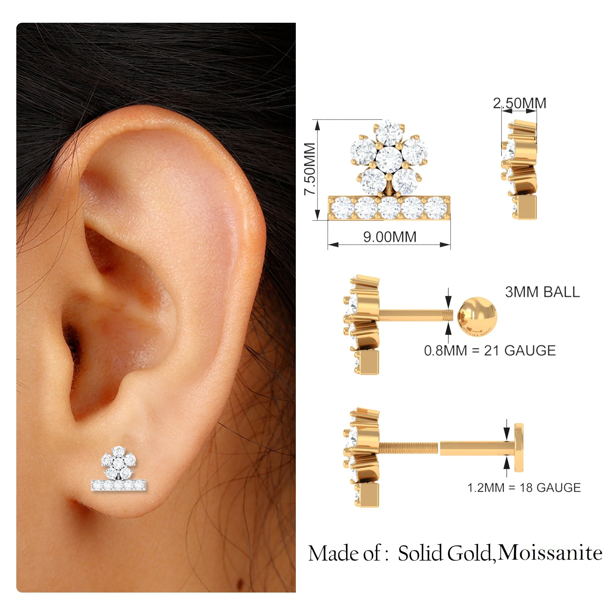 Unique Moissanite Floral Earring for Cartilage Piercing